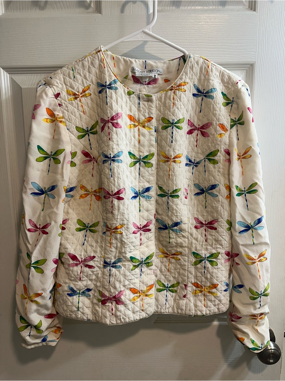 Maggy London Quilted Dragonfly Bomber Jacket - White with Multicolor Dragonflies